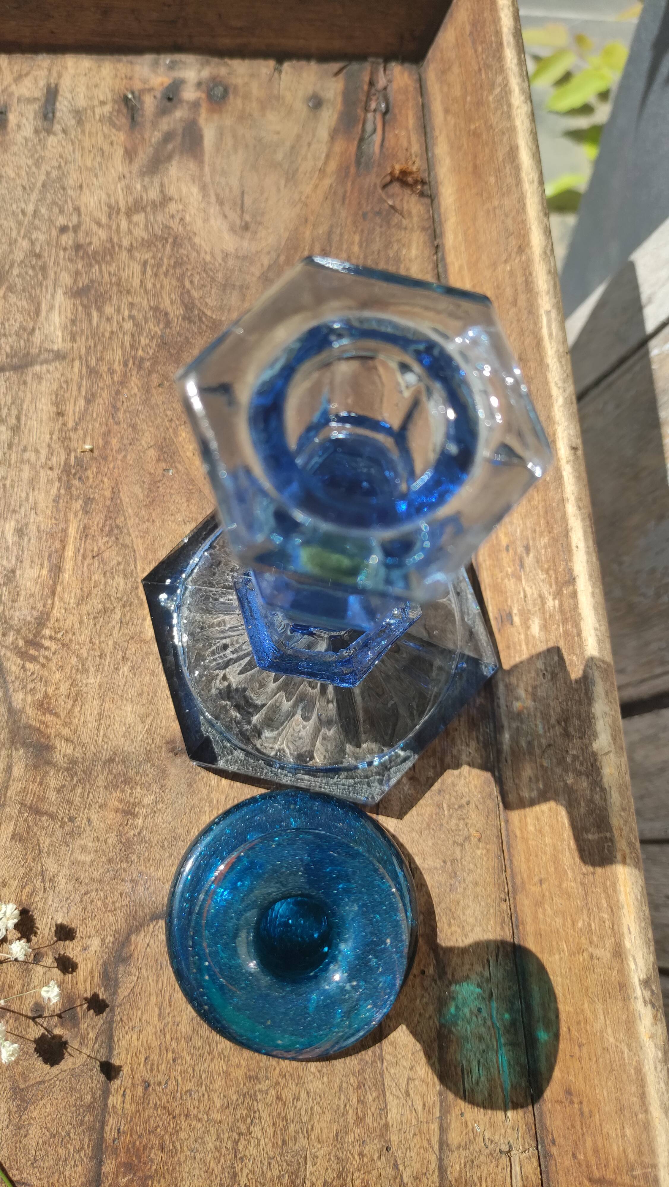 Bougeoirs vintages en verre épais bleu et turquoise