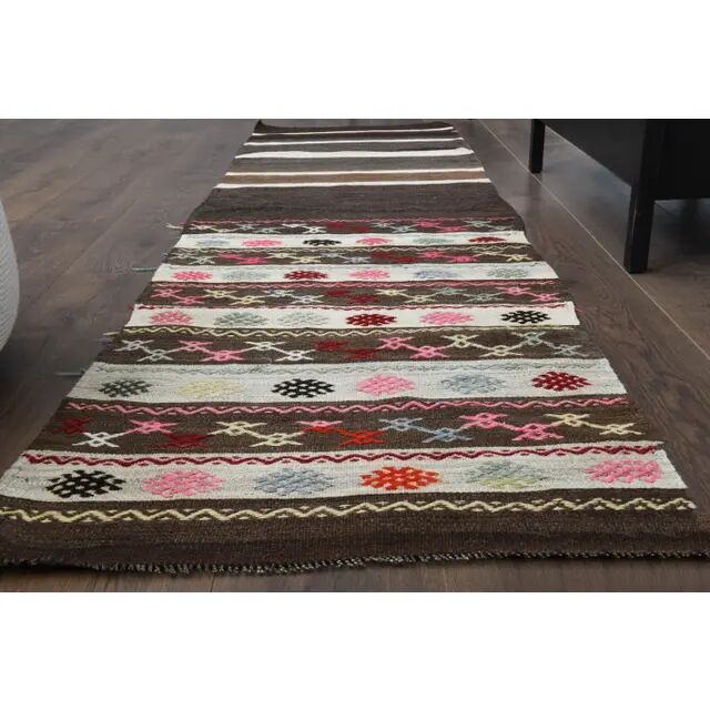 1970s Turkish Oushak Handmade Wool Cotton Brown Runner 65x243