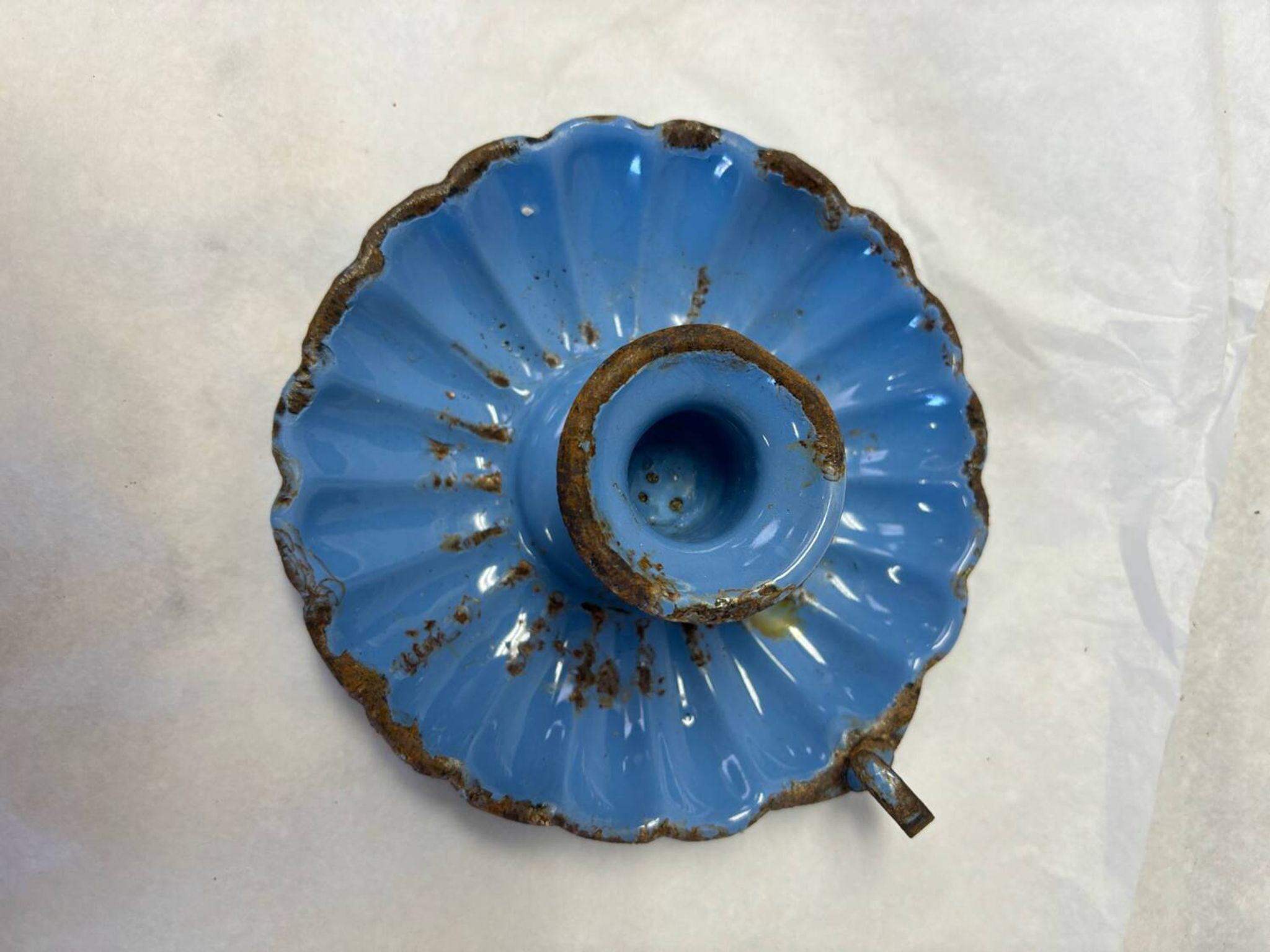 Blue enameled candle holder