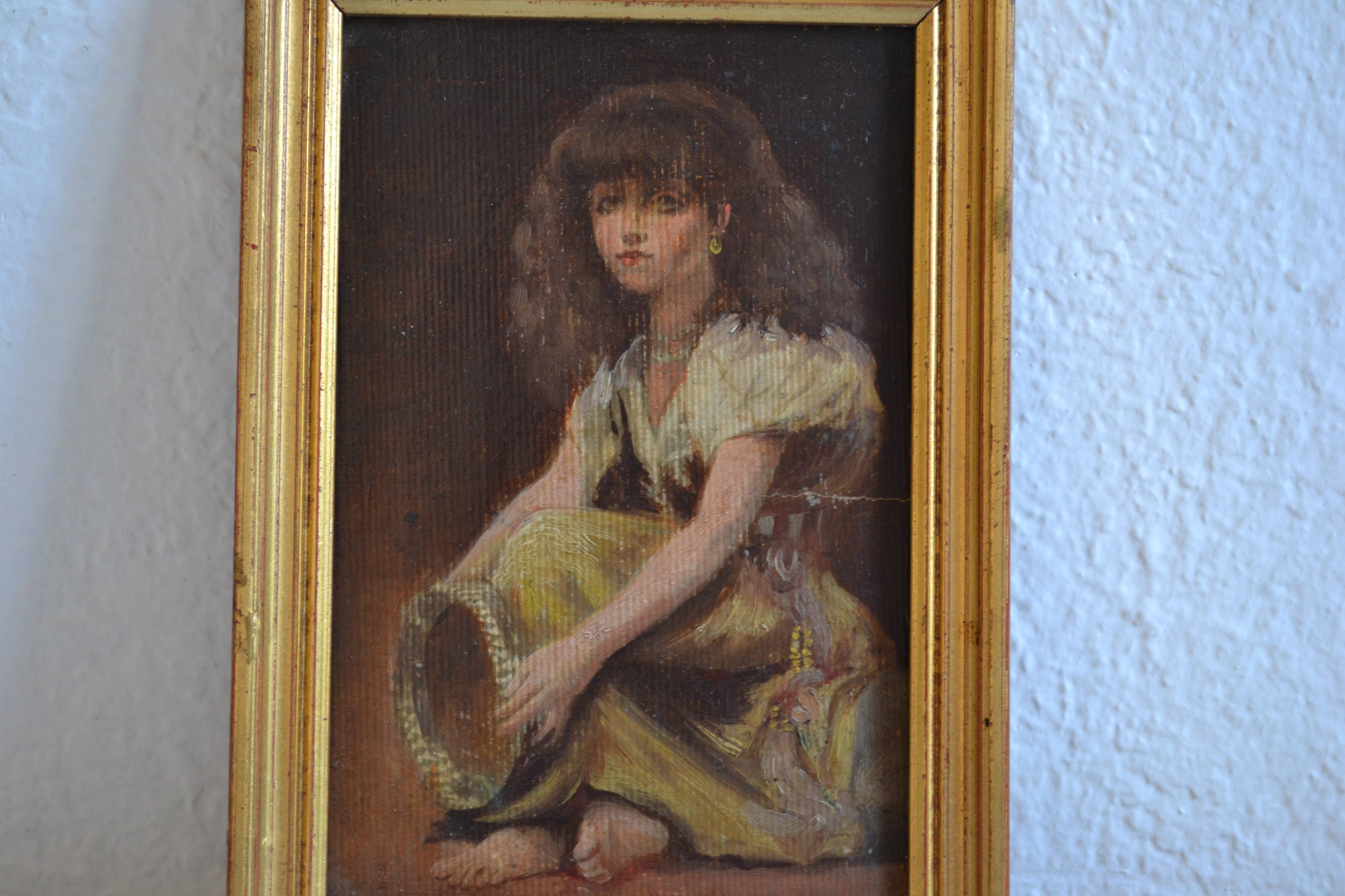 Young girl with tambourine Provence old painting HSP