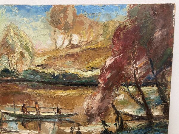 Grande huile sur panneau ''La Pirogue