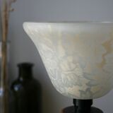 Wooden table lamp, patterned glass lampshade