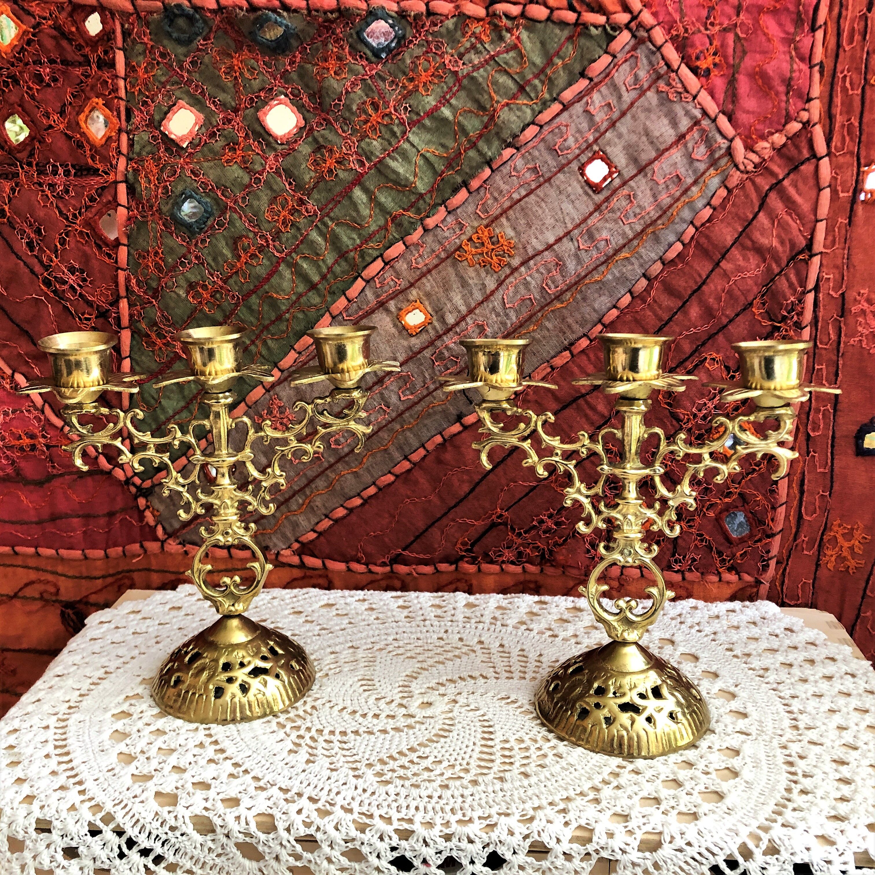 Pair of candlesticks 3 branches golden brass