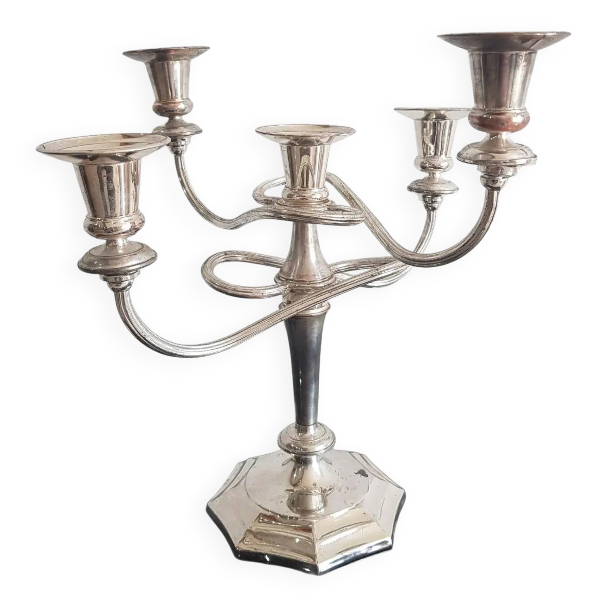 Five-branch chandelier, silvered, silver-plated brass, Italy, 1960s.
