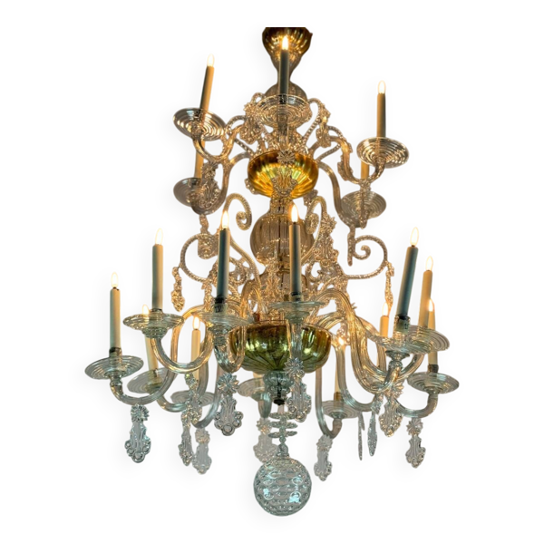 Lustre liégeois en verre soufflé, deux niveaux de bras de lumière, XVIIIème siècle — Beyit