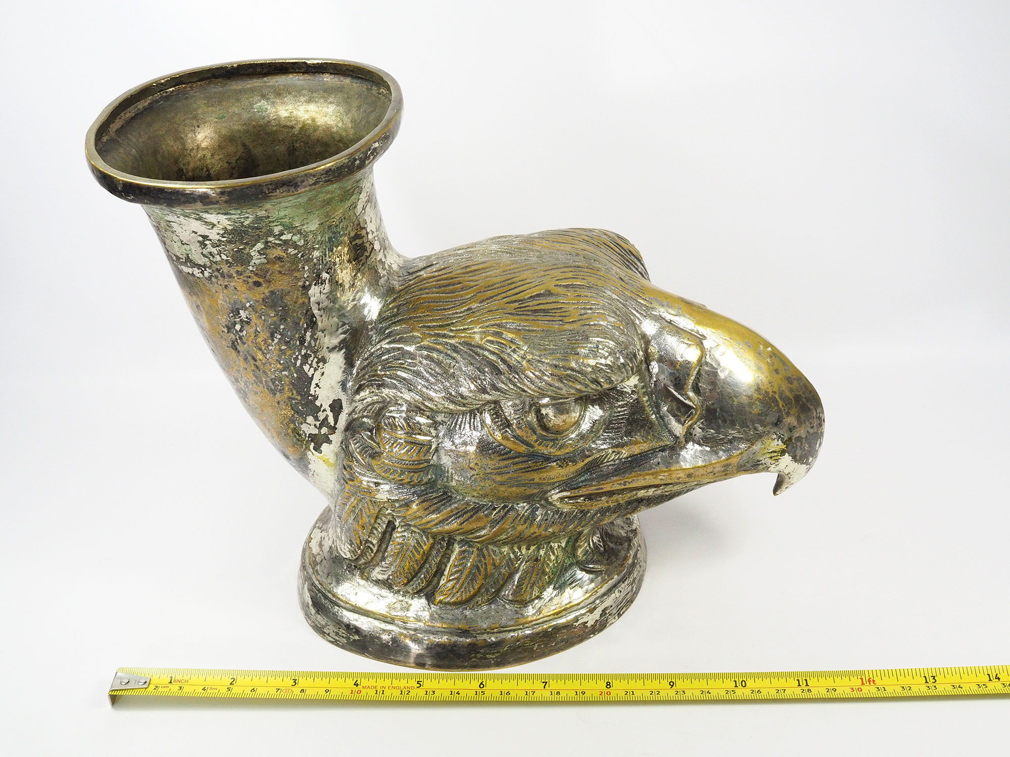 Ancient Vase Rhyton Eagle Head in Silver Brass-1900s