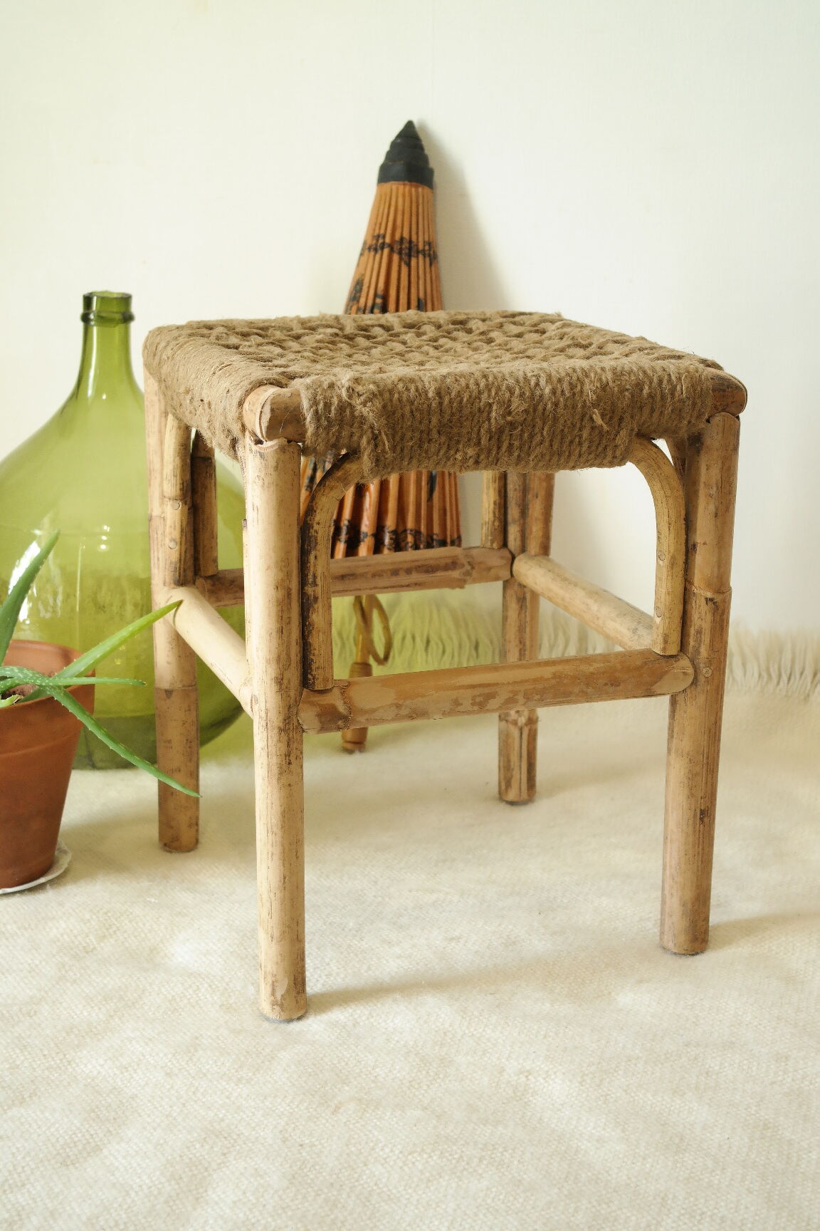Vintage handcrafted bamboo and rope stool