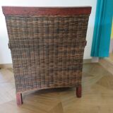 2 colonial-style armchairs in woven rattan and exotic wood