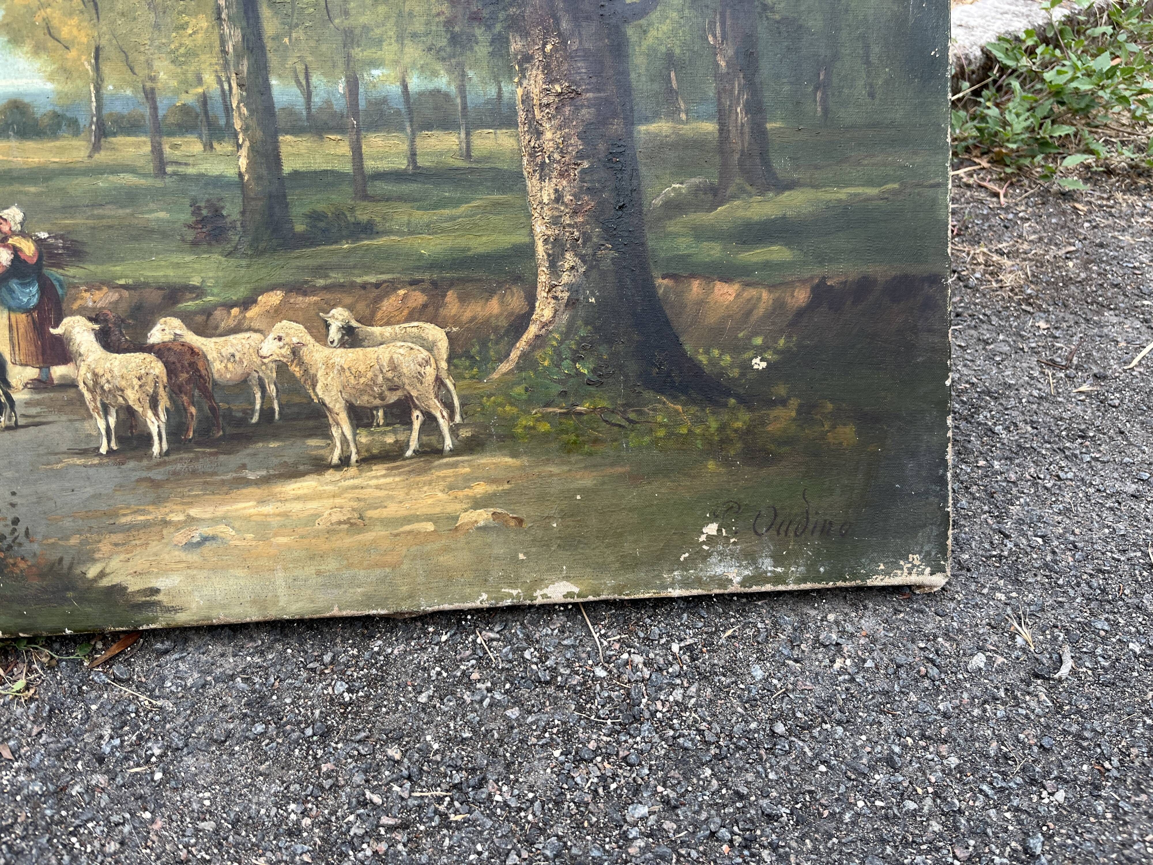 Antique painting 19th century – pastoral scene with shepherdess and sheep, signed P. Oudi