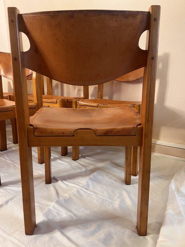Vintage elm and leather chairs by Maison Regain, 1970s, set of 6.