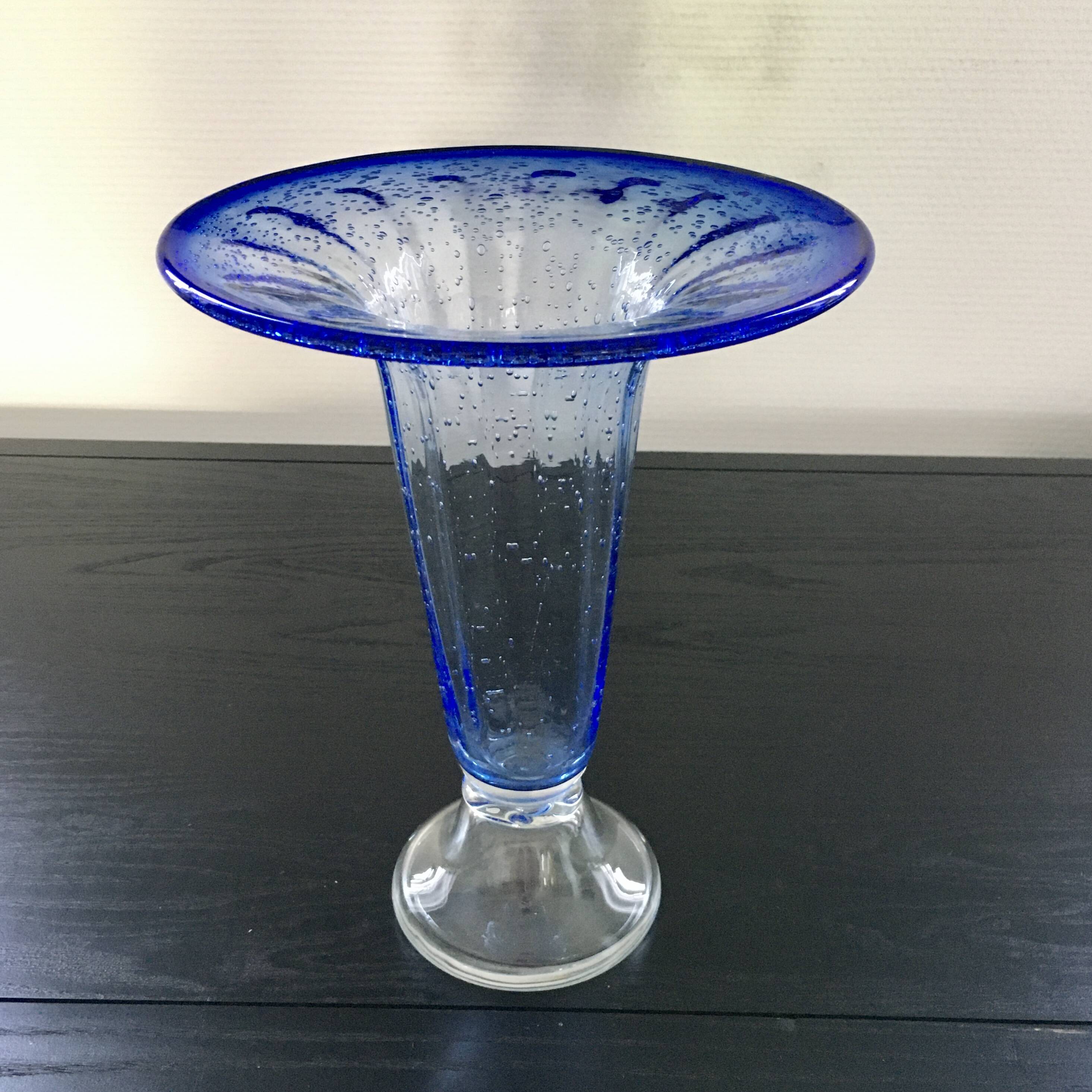Large blue bubble glass vase