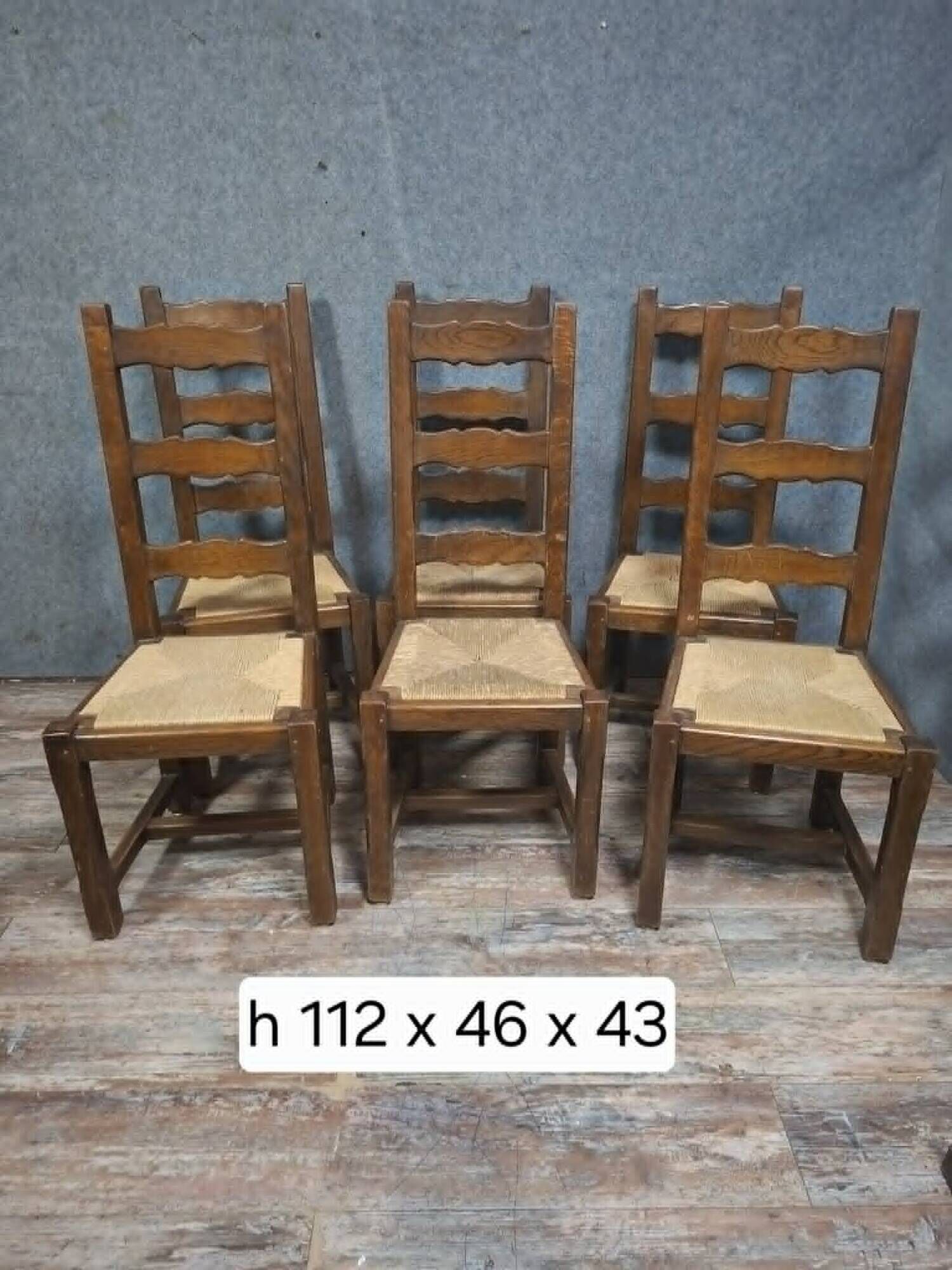 Set of six rustic chairs in natural wood, regional French craftsmanship.