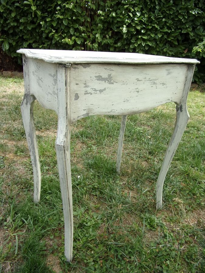 Small side table with walnut storage, patinated white shabby chipped
