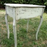 Small side table with walnut storage, patinated white shabby chipped