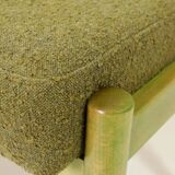 Set of two vintage-style footstools, green wood and bouclé upholstery