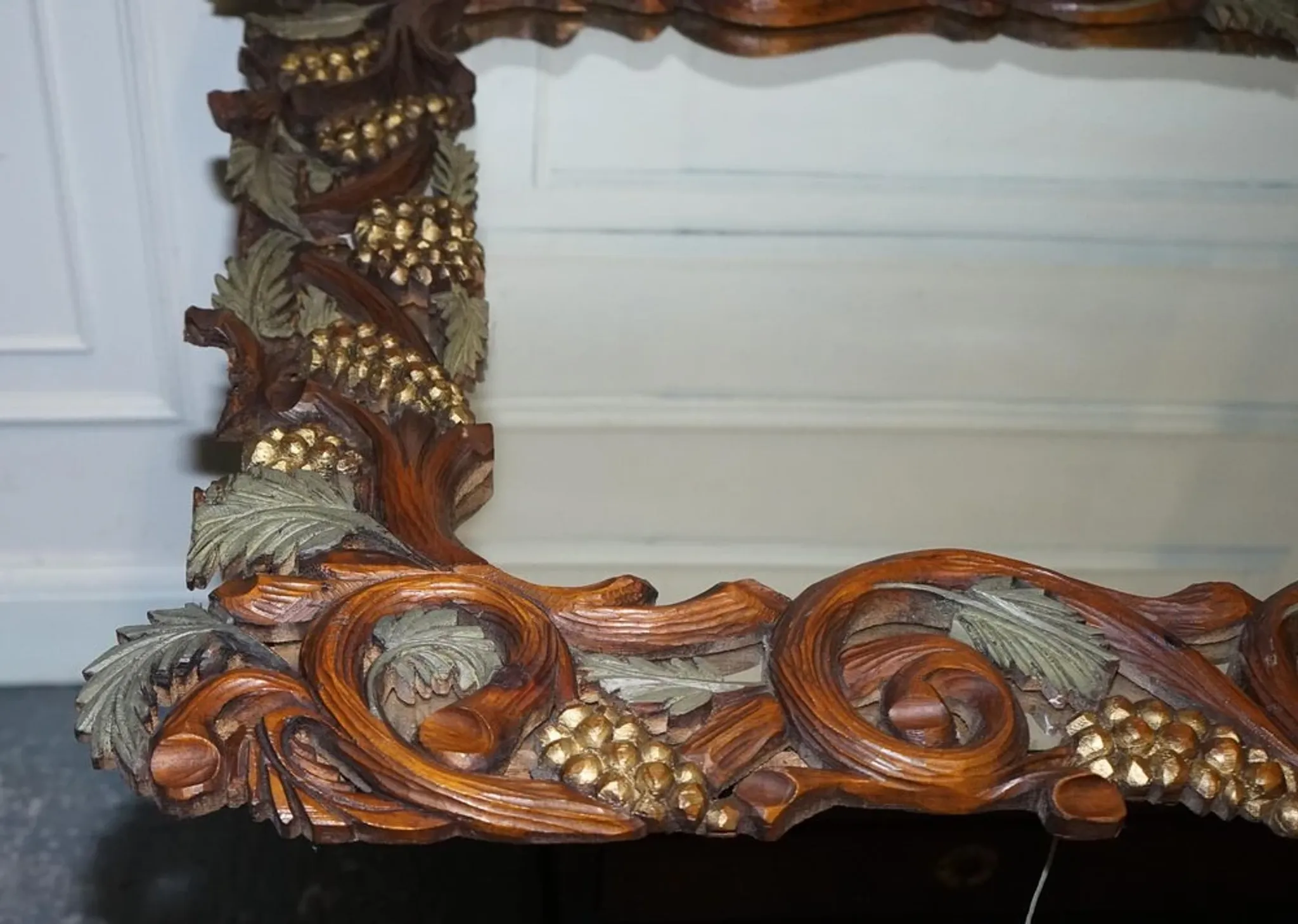 Vintage Black Heavily Carved Wooden Forest Wall Mirror