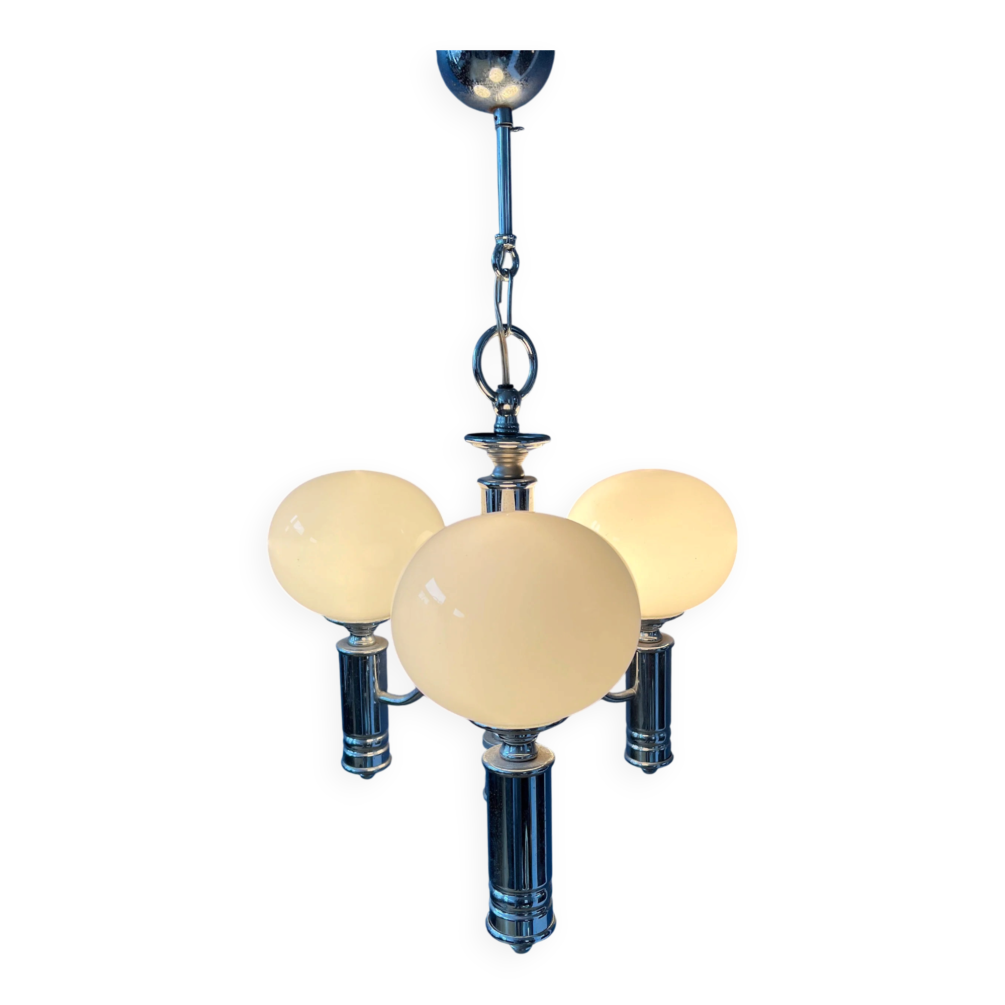 Mid-Century opaline glass chandelier with chrome structure