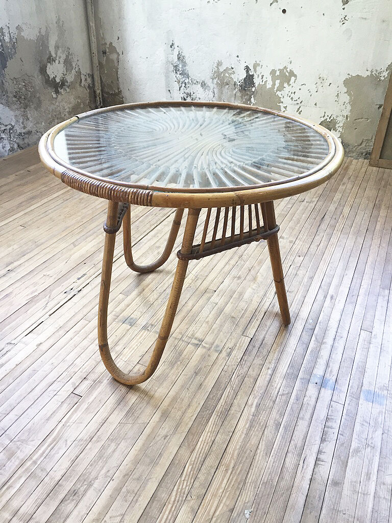 Vintage glass and rattan table
