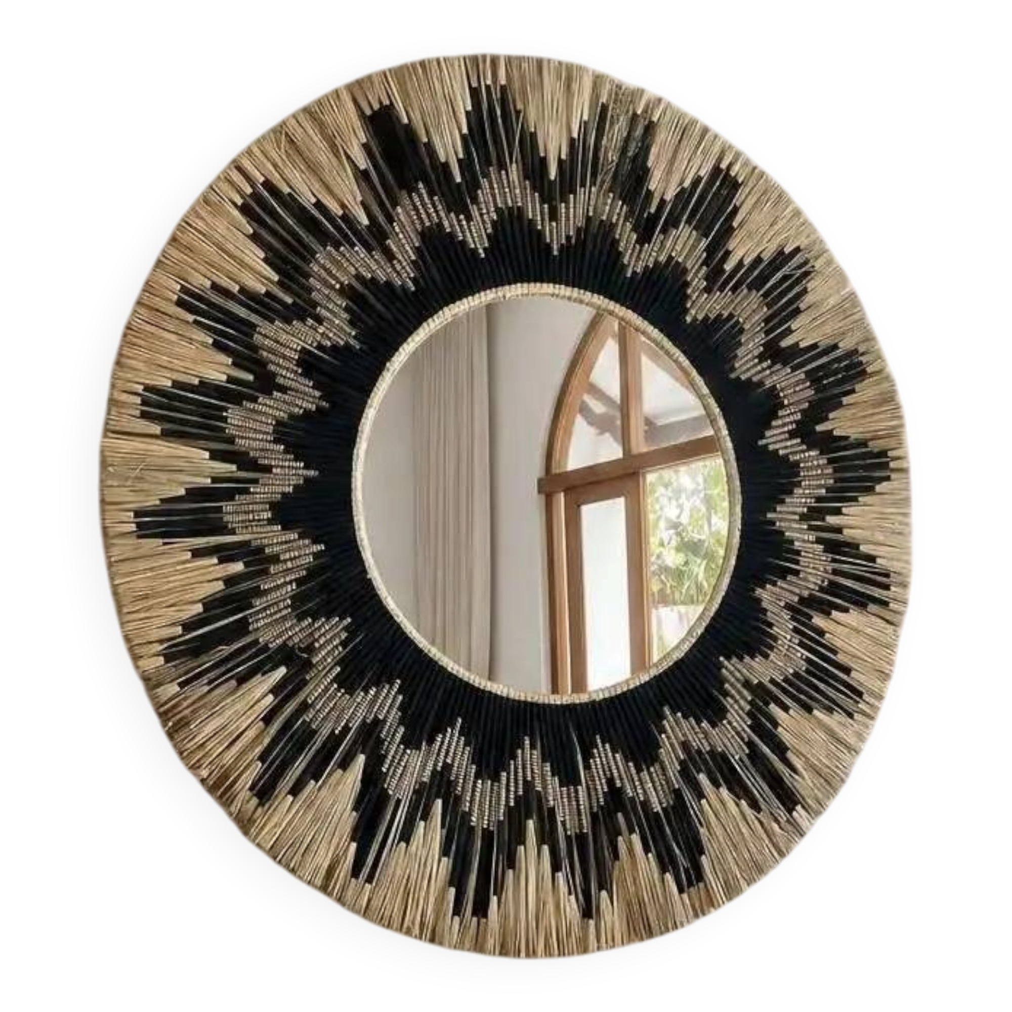 Large round handcrafted mirror in reed