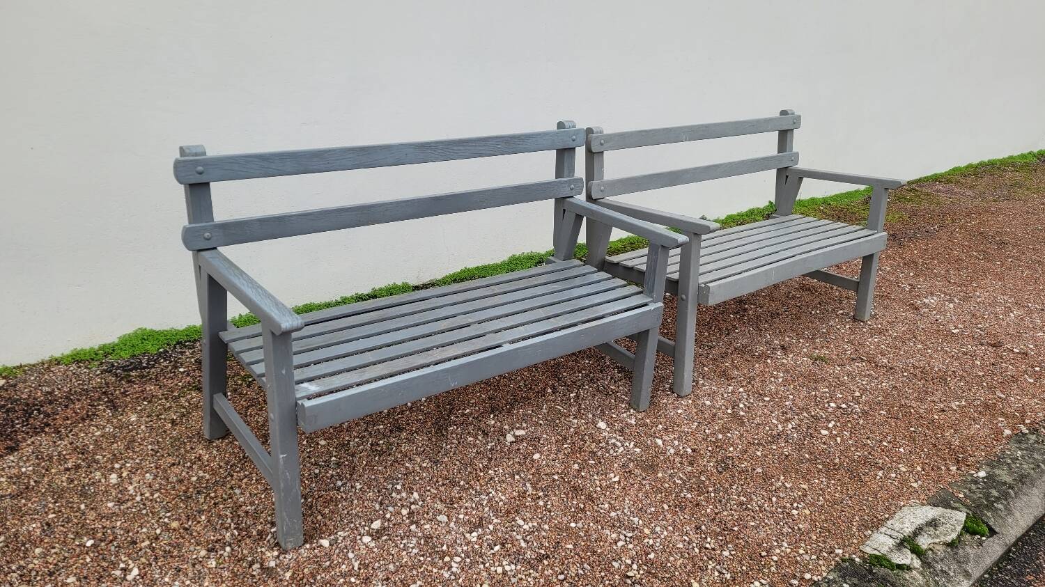Pair of old wooden park garden benches