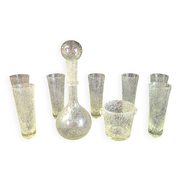 Lot de verrerie bullée Biot – carafe, verres et seau à glace – années 1960