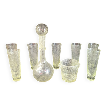 Lot de verrerie bullée Biot – carafe, verres et seau à glace – années 1960