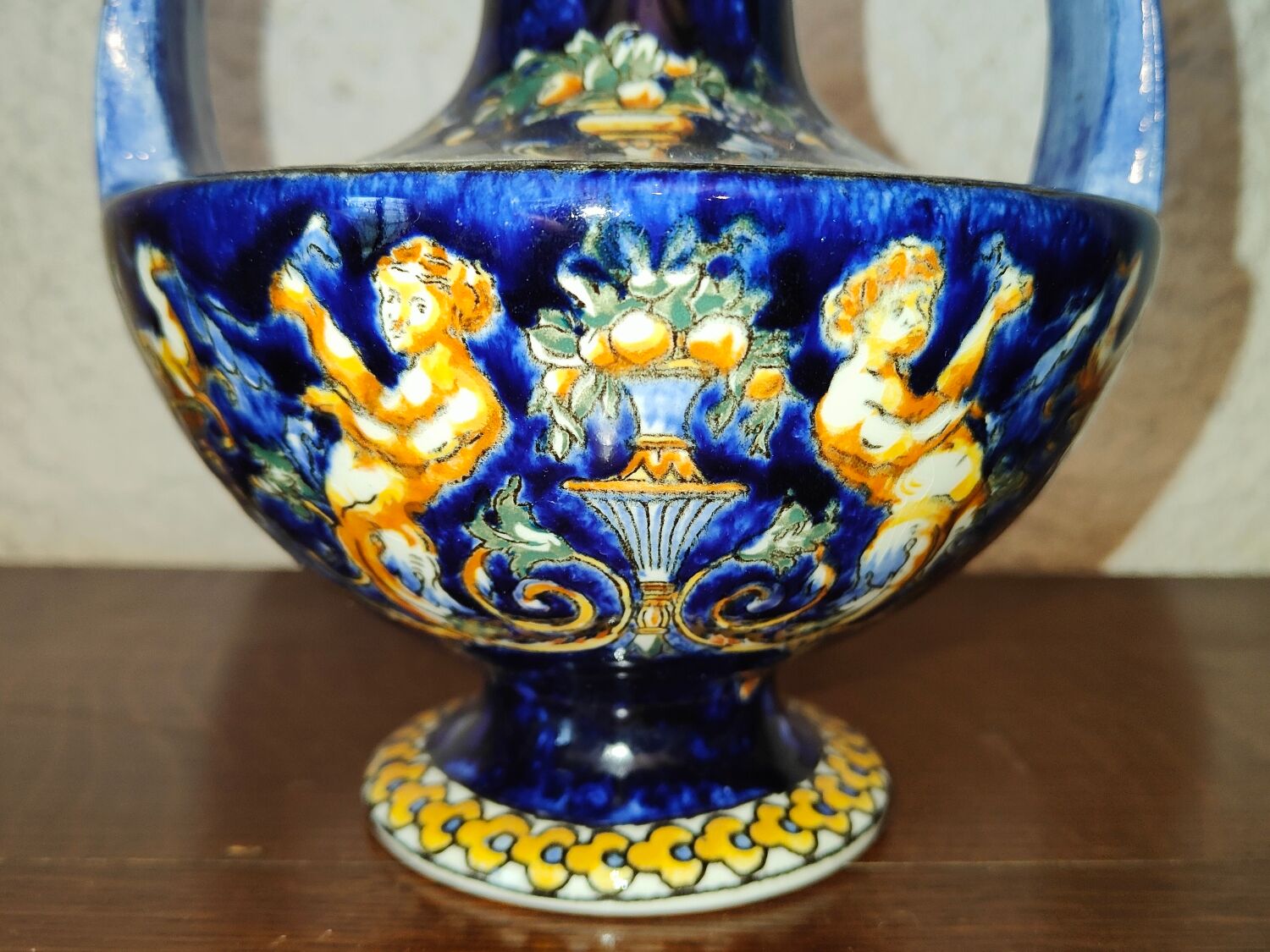 Vase with 2 polychrome handles in Gien earthenware France with Renaissance decoration 1938