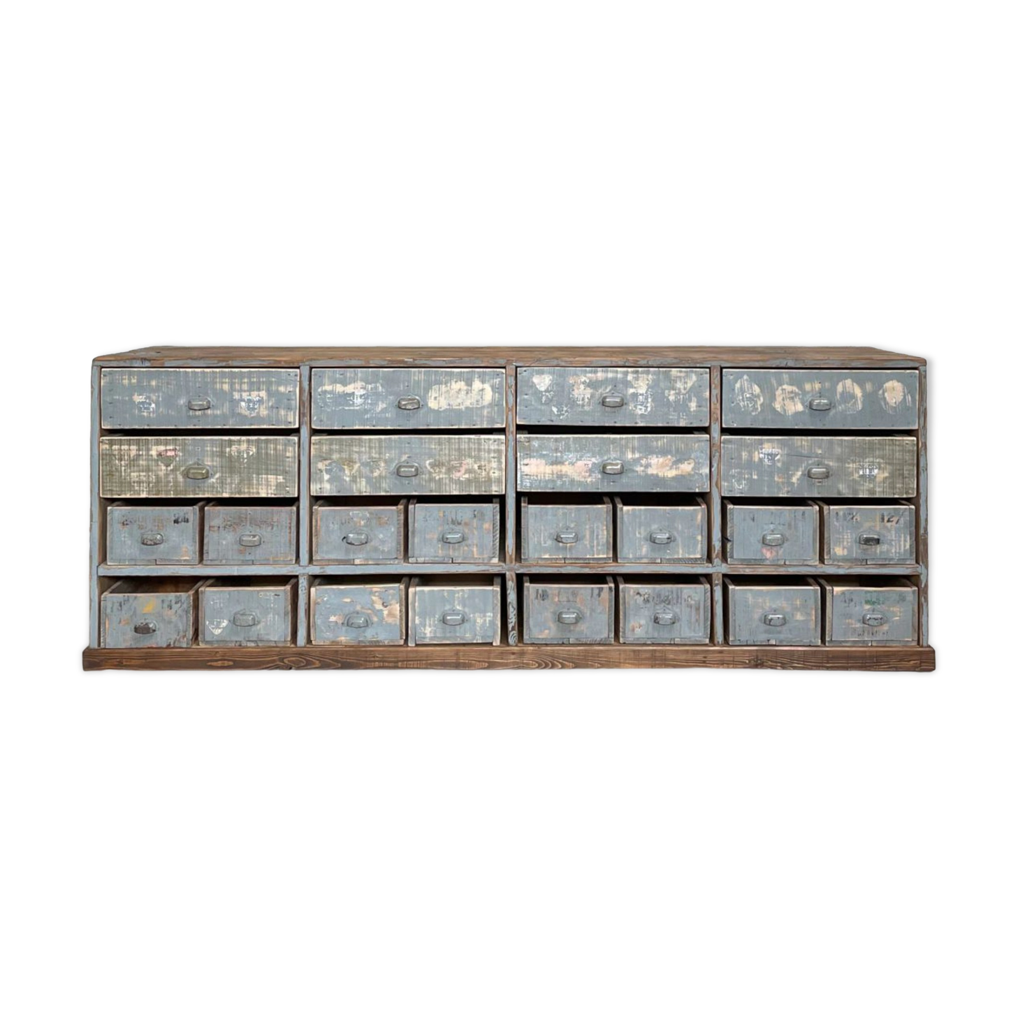 Artisanal workshop bank in patinated wood, circa 1950.