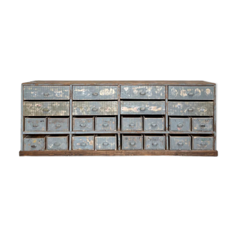 Artisanal workshop bank in patinated wood, circa 1950.