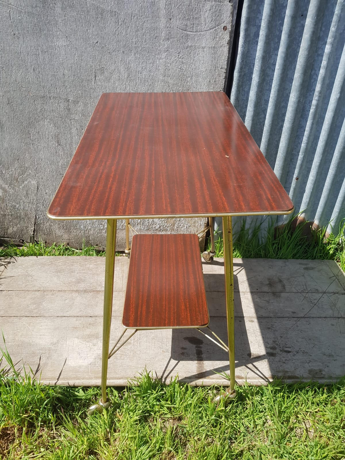 Ancient Dessert Table On Roulettes Golden Metal - Formica 70s Vintage