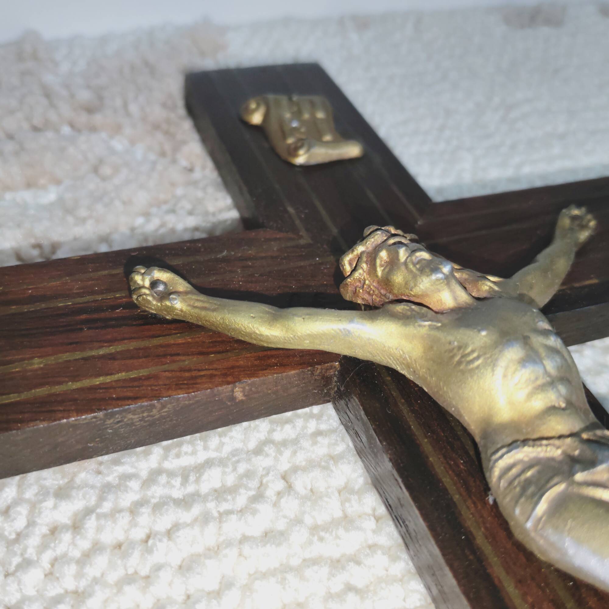 Large Antique Walnut Crucifix with Brass Inserts - Vintage 1920 - French