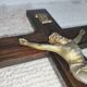 Large Antique Walnut Crucifix with Brass Inserts - Vintage 1920 - French