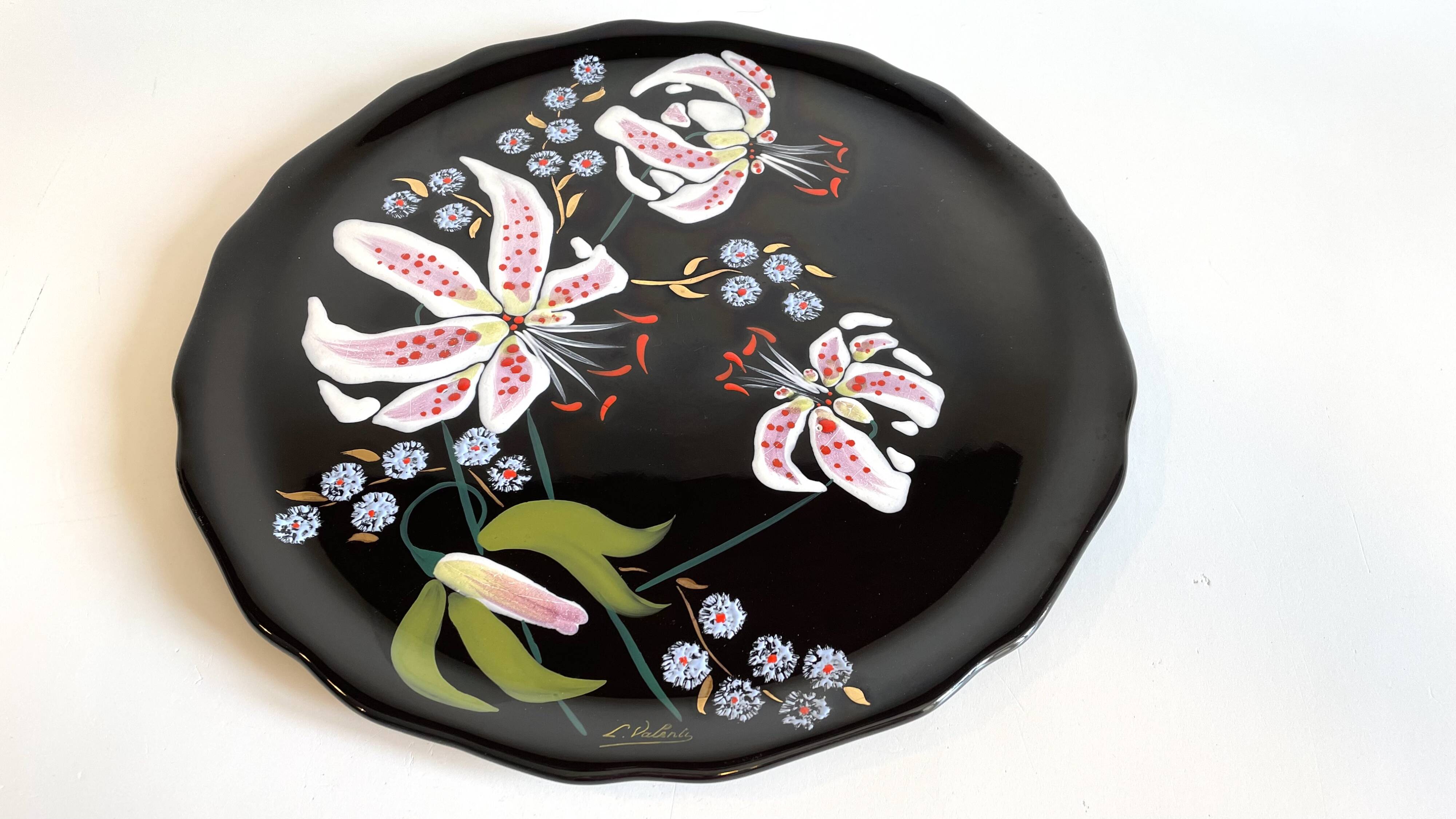 LONGWY PLATTER WITH LILIES signed L. VALENTI