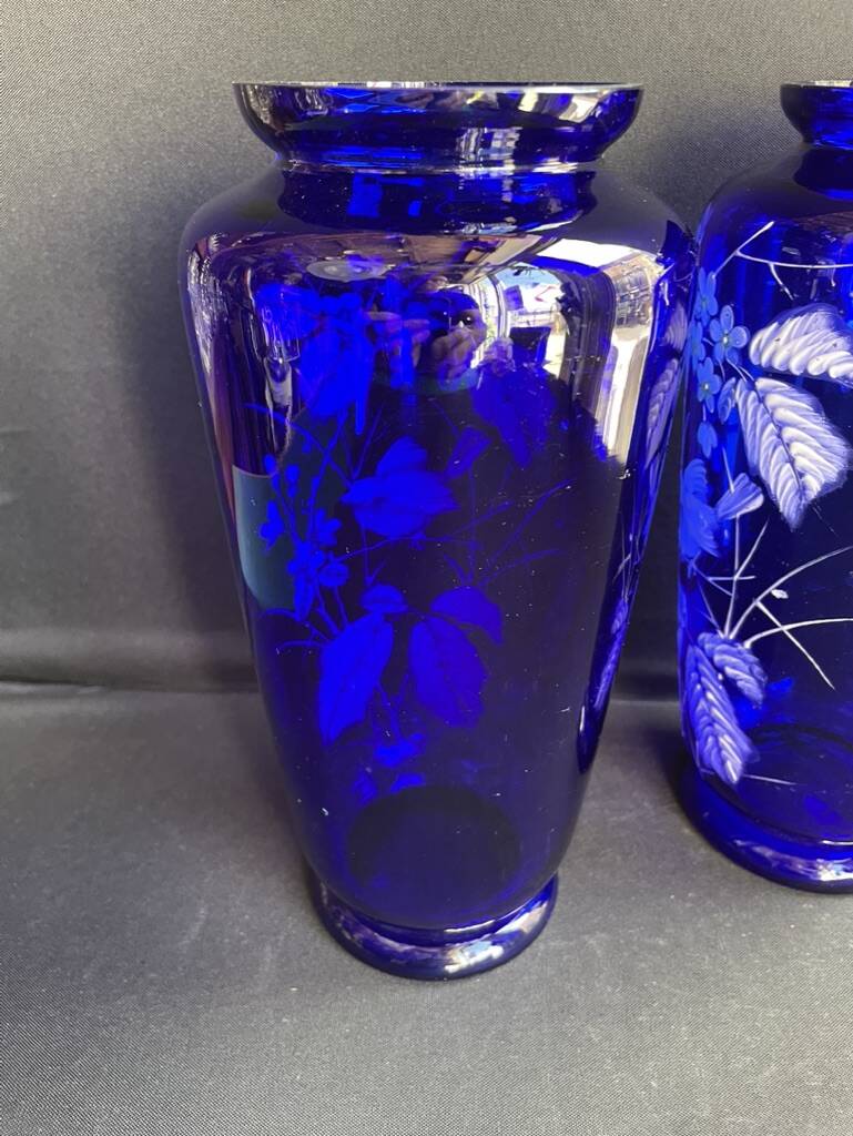 Pair of numbered white enamelled cobalt blue blown glass vases