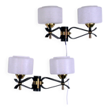 Paire d'applique double, Mid-Century, noir laiton Opaline, France 1950's