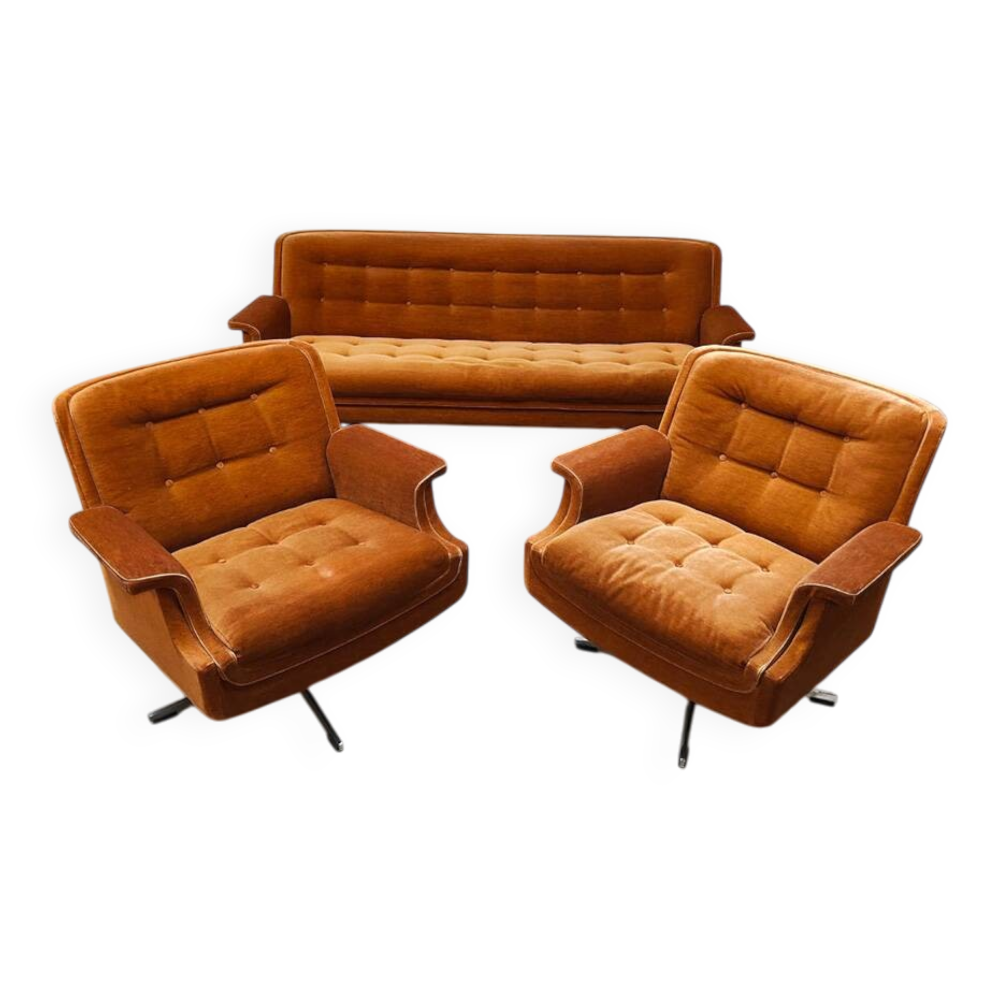Midcentury lounge set swivel armchairs & sofa 'Madmen style'