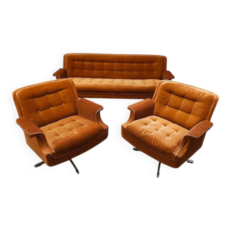 Midcentury lounge set swivel armchairs & sofa 'Madmen style'