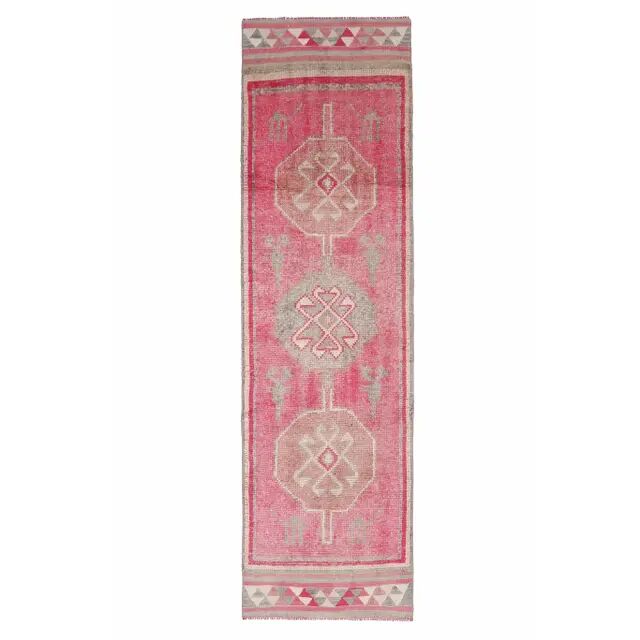 Vintage Turkish Oushak Handmade Wool Cotton Pink Runner Rug 86x306
