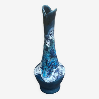 Vase, soliflore en ceramique emaillée laver, nuances de bleus, de style vallauris, design vintage