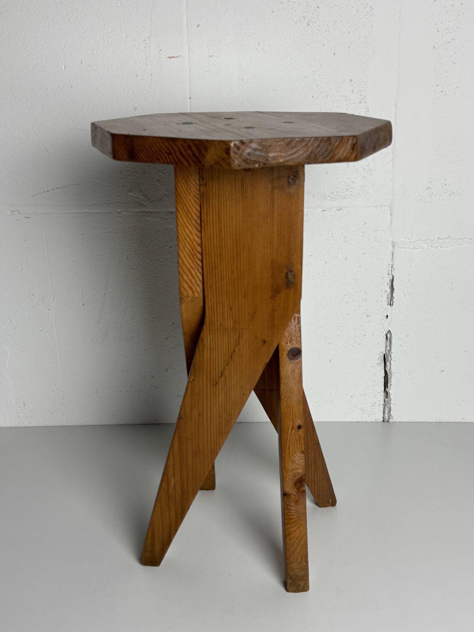 Midcentury brutalist artisanal rustic handcrafted stool, France 1960s