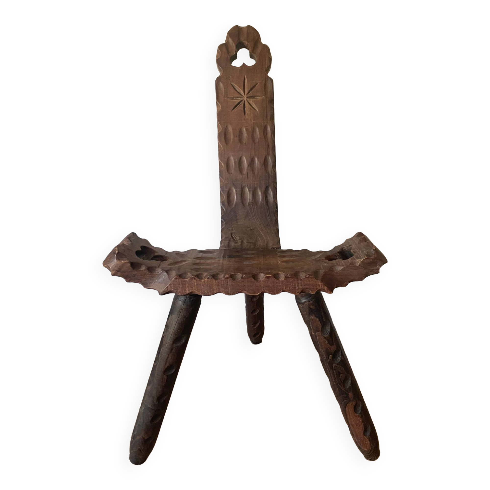 Vintage Spanish tripod chair in carved wood