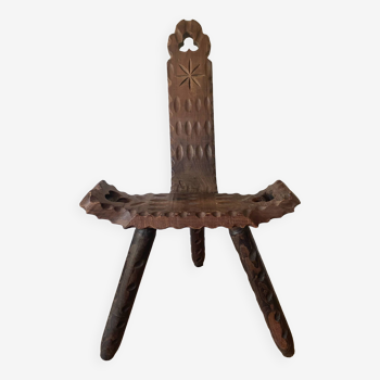 Vintage Spanish tripod chair in carved wood