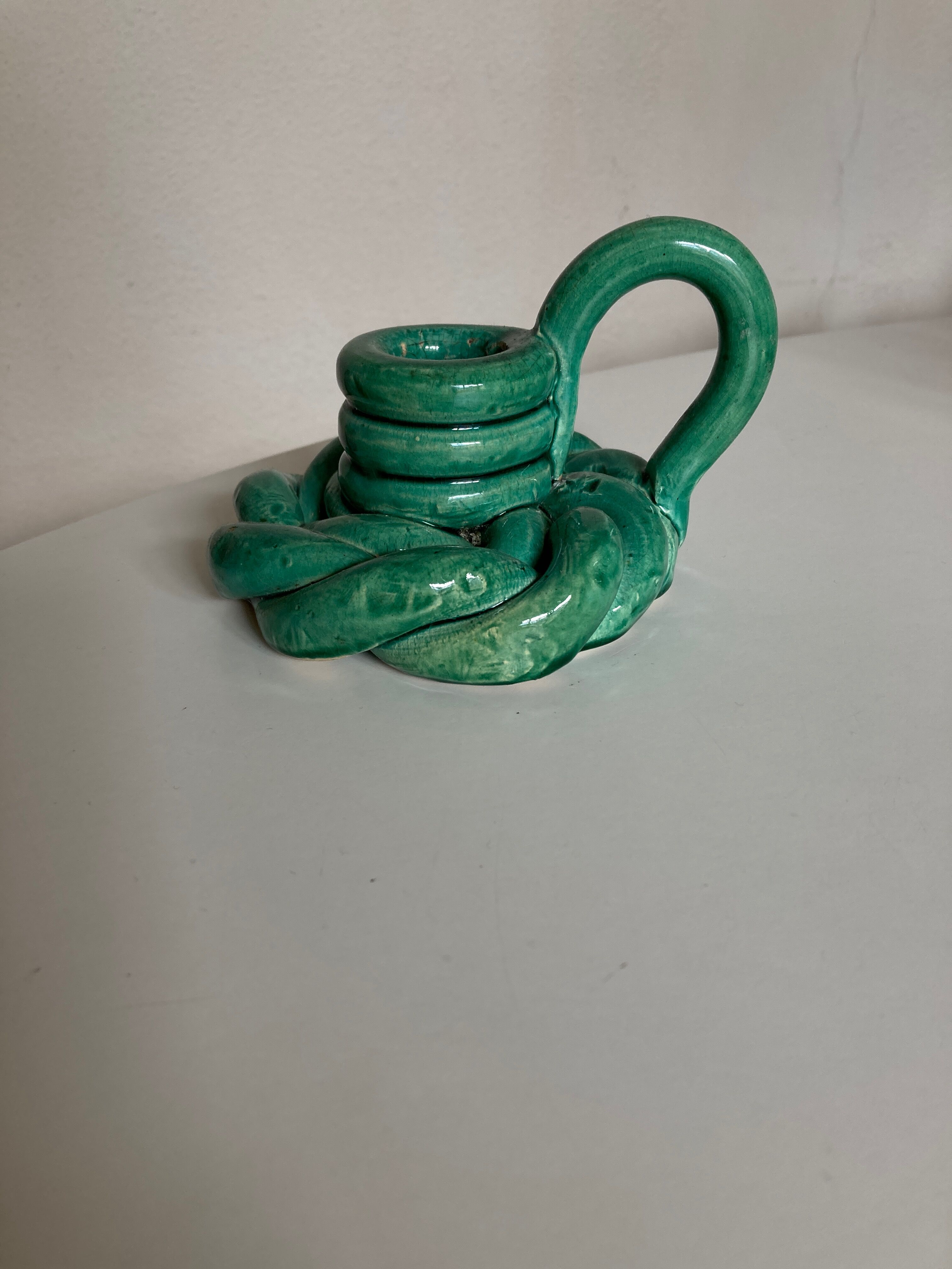 Bougeoir en terre vernissée de Vallauris vert turquoise 1950