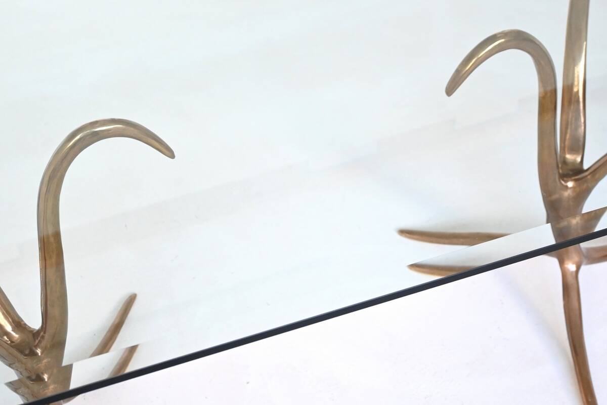 Unique sculptural dining table in bronze and glass, Belgium 1970.