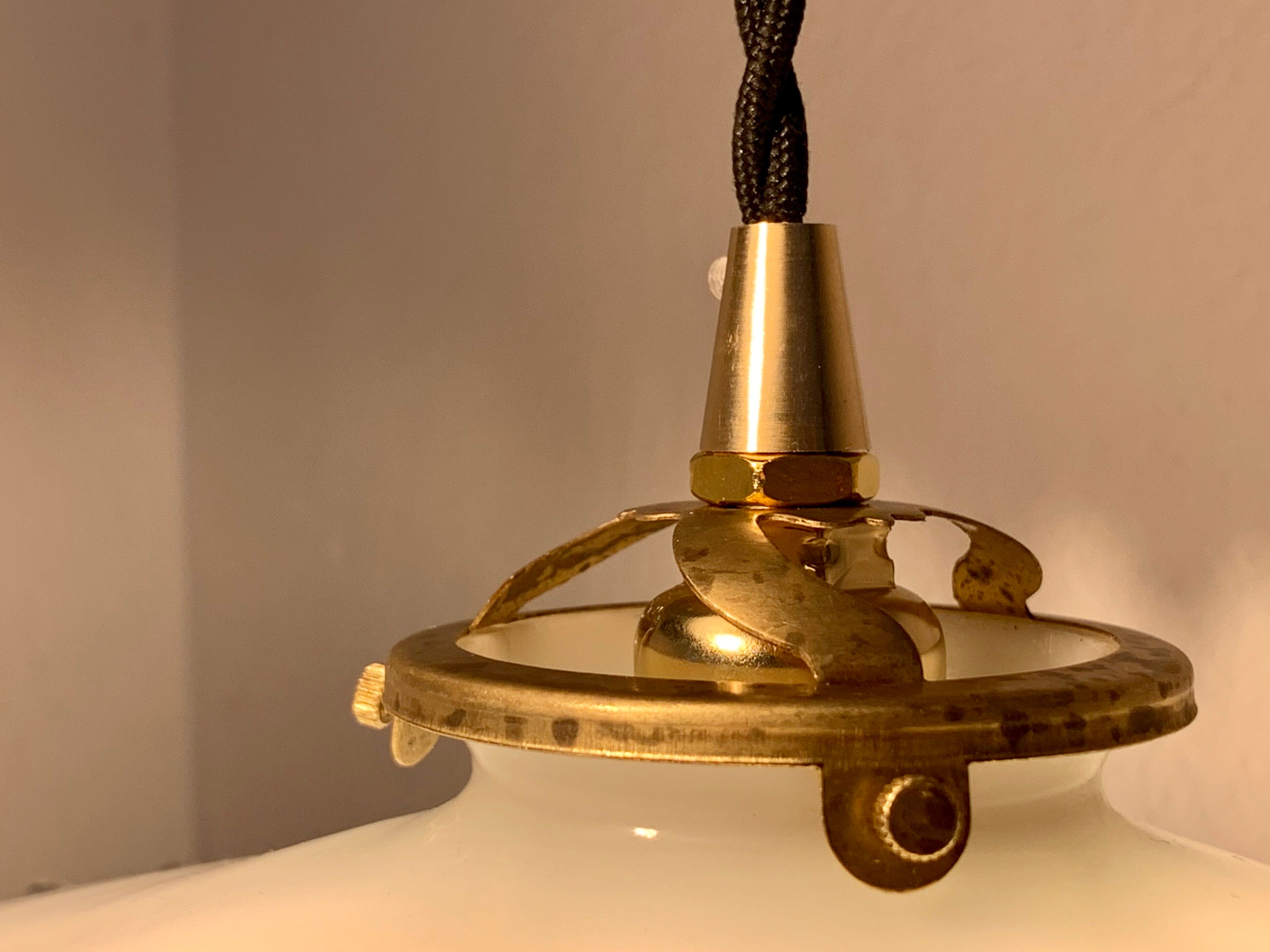 Pair of serrated opaline pendant lamps