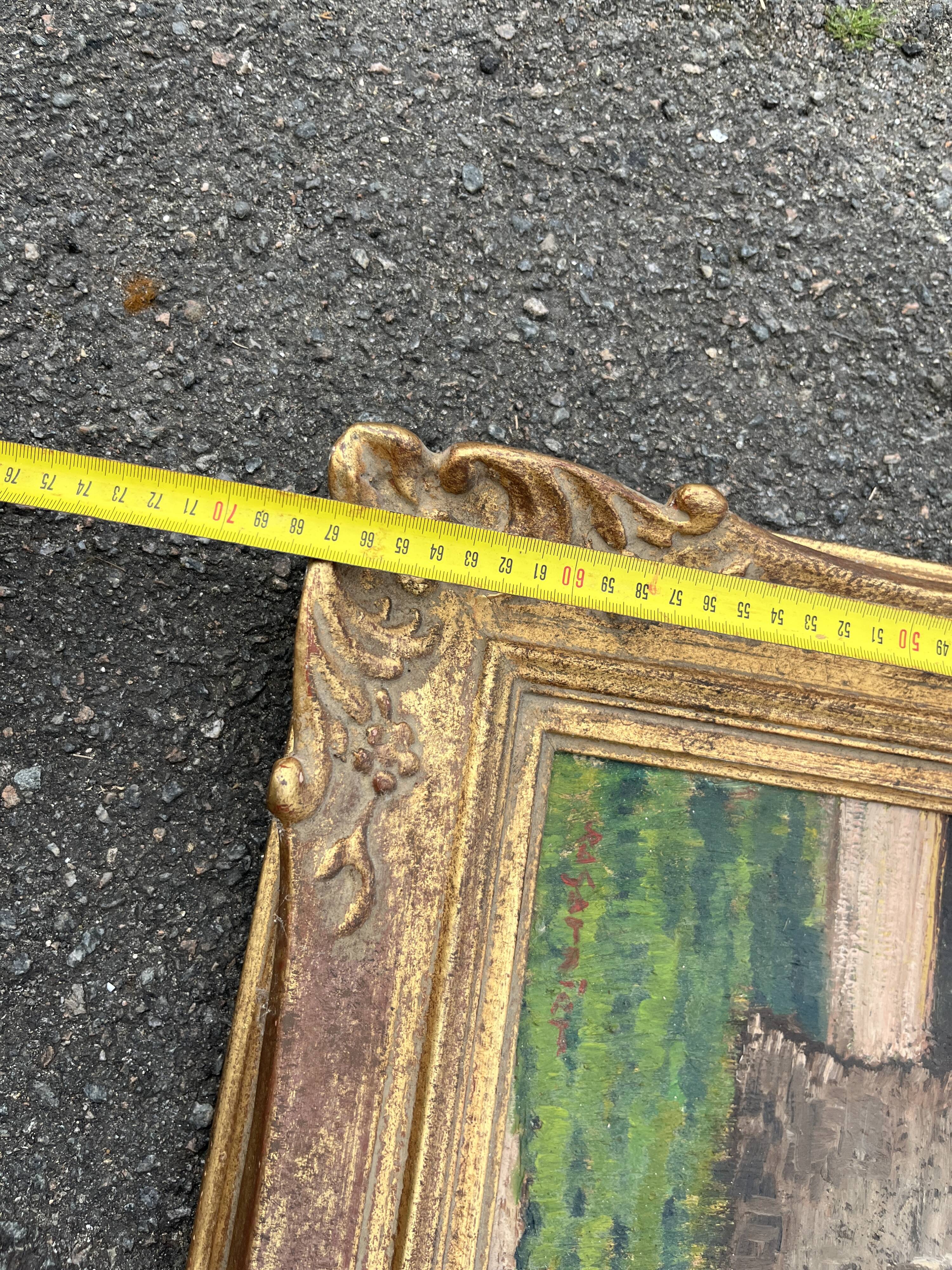 Oil painting of a Breton manor signed M. Garnier in a gilded frame - Antique