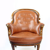 Fauteuil en cuir et noyer cognac, Tchécoslovaquie années 1940