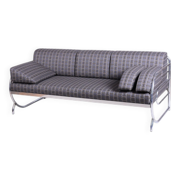 Sofa Bauhaus en chrome et tissu de Robert Slezak, tchèque, années 1930