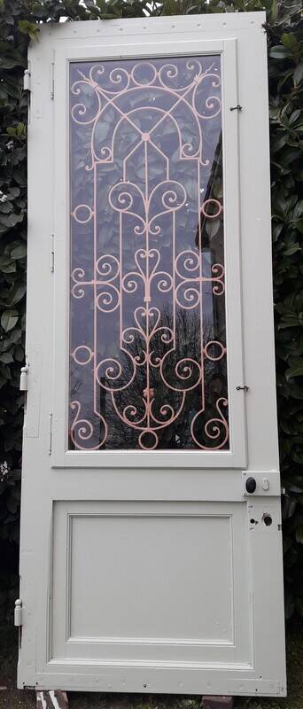 Entrance door 264x99cm old walnut oak wrought iron grille glass panel