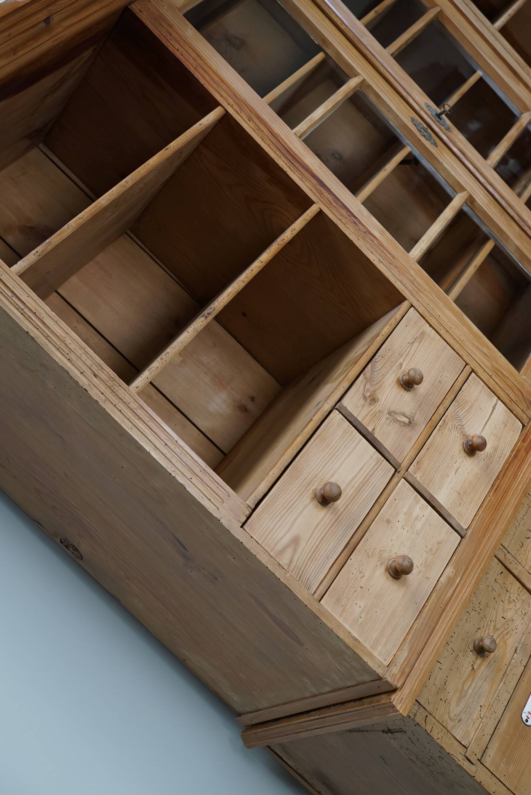 Large antique German pine apothecary cabinet / vitrine early 20th century